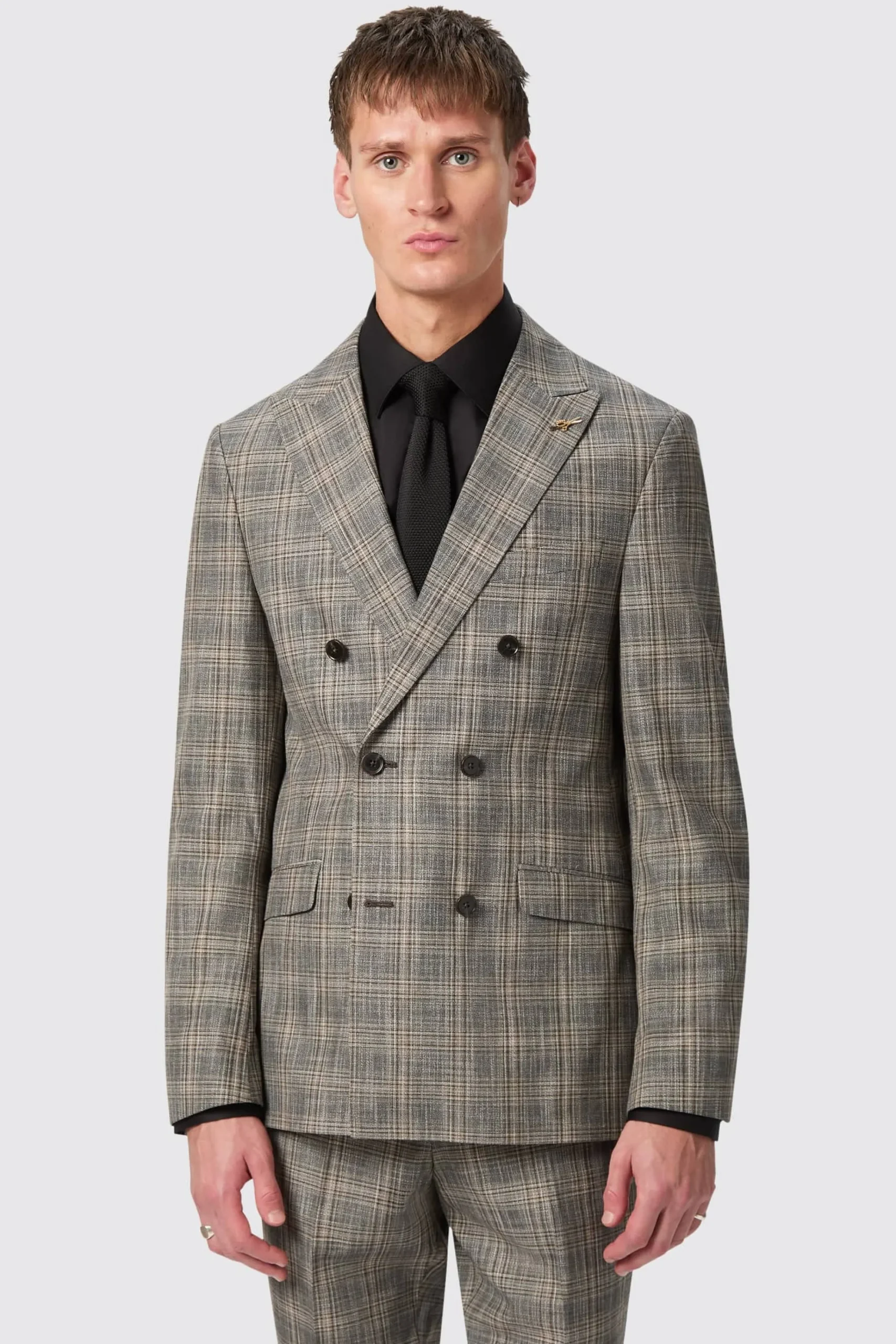 Jackets·Work Jackets|Twisted Tailor Plunkett Slim Fit Grey Check Double Breasted Jacket
