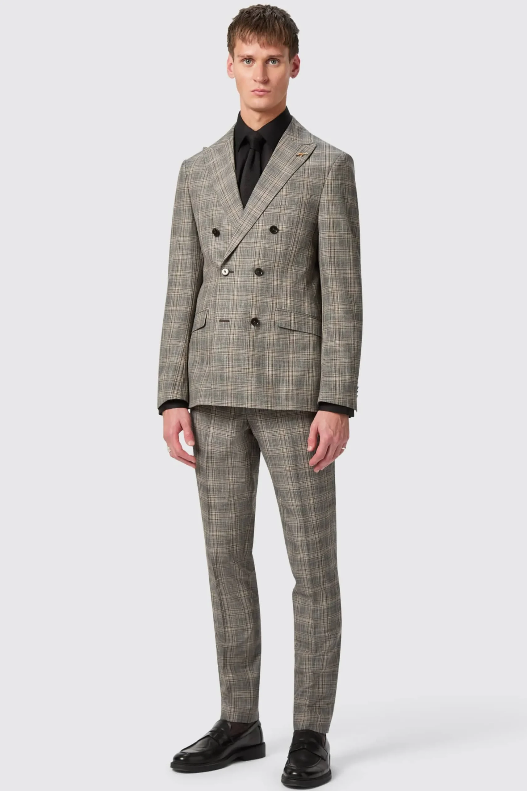Style·Check Suits|Style·Double Breasted Suits|Twisted Tailor Plunkett Slim Fit Grey Check Double Breasted Suit