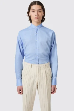 Style·Premium Shirts|Style·Everyday Essentials|Twisted Tailor Saunders Slim Fit Grandad Collar Blue Linen Shirt
