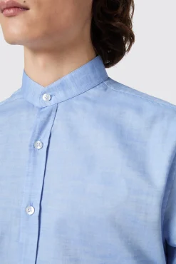 Style·Premium Shirts|Style·Everyday Essentials|Twisted Tailor Saunders Slim Fit Grandad Collar Blue Linen Shirt