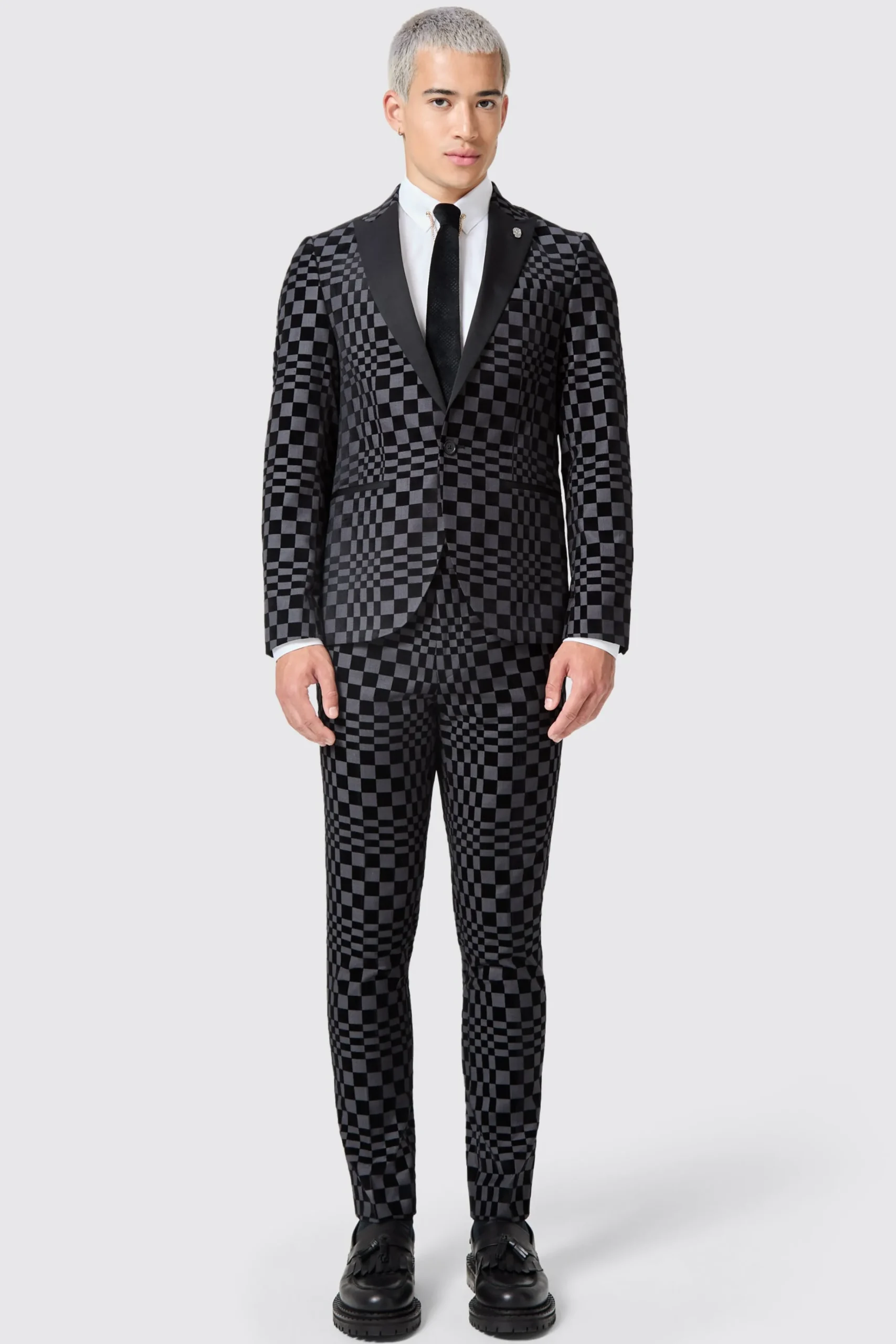 Trousers·Party Trousers|Twisted Tailor Tiber Skinny Fit Grey Check Tuxedo Trousers