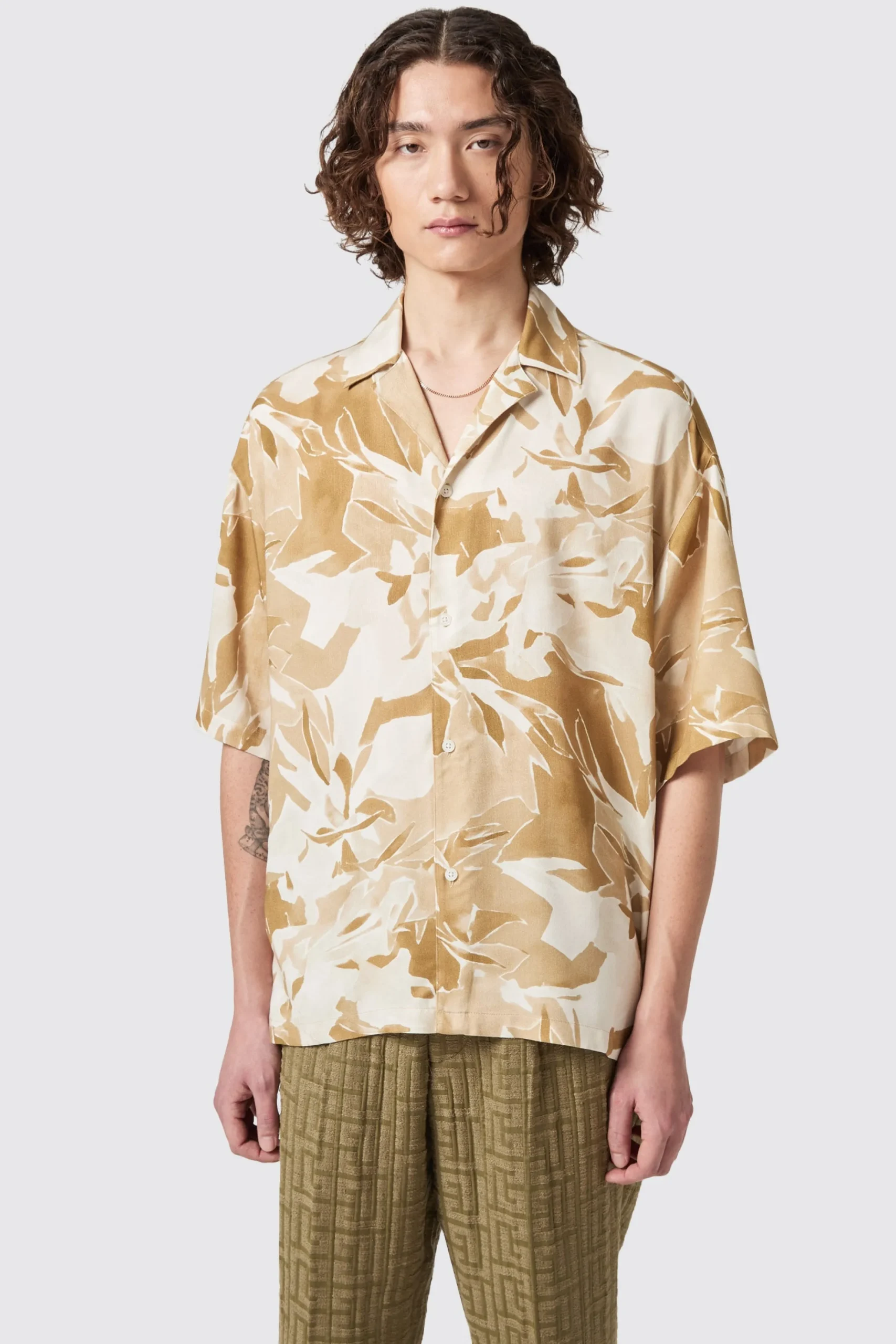 Unisex|Occasion·Casual Shirts|Twisted Tailor Vitrail Oversized Brown Abstract Shirt