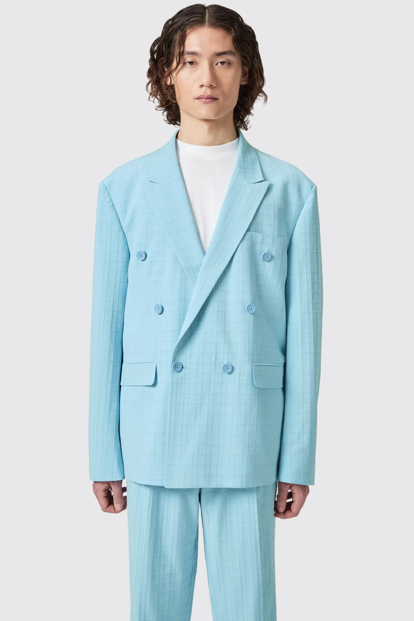 Unisex|Twisted Tailor Zidan Oversized Blue Jacquard Double Breasted Jacket