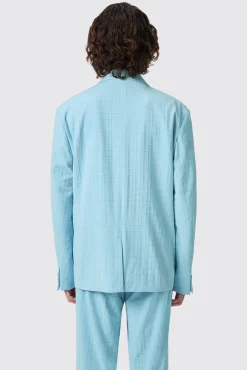 Unisex|Twisted Tailor Zidan Oversized Blue Jacquard Double Breasted Jacket