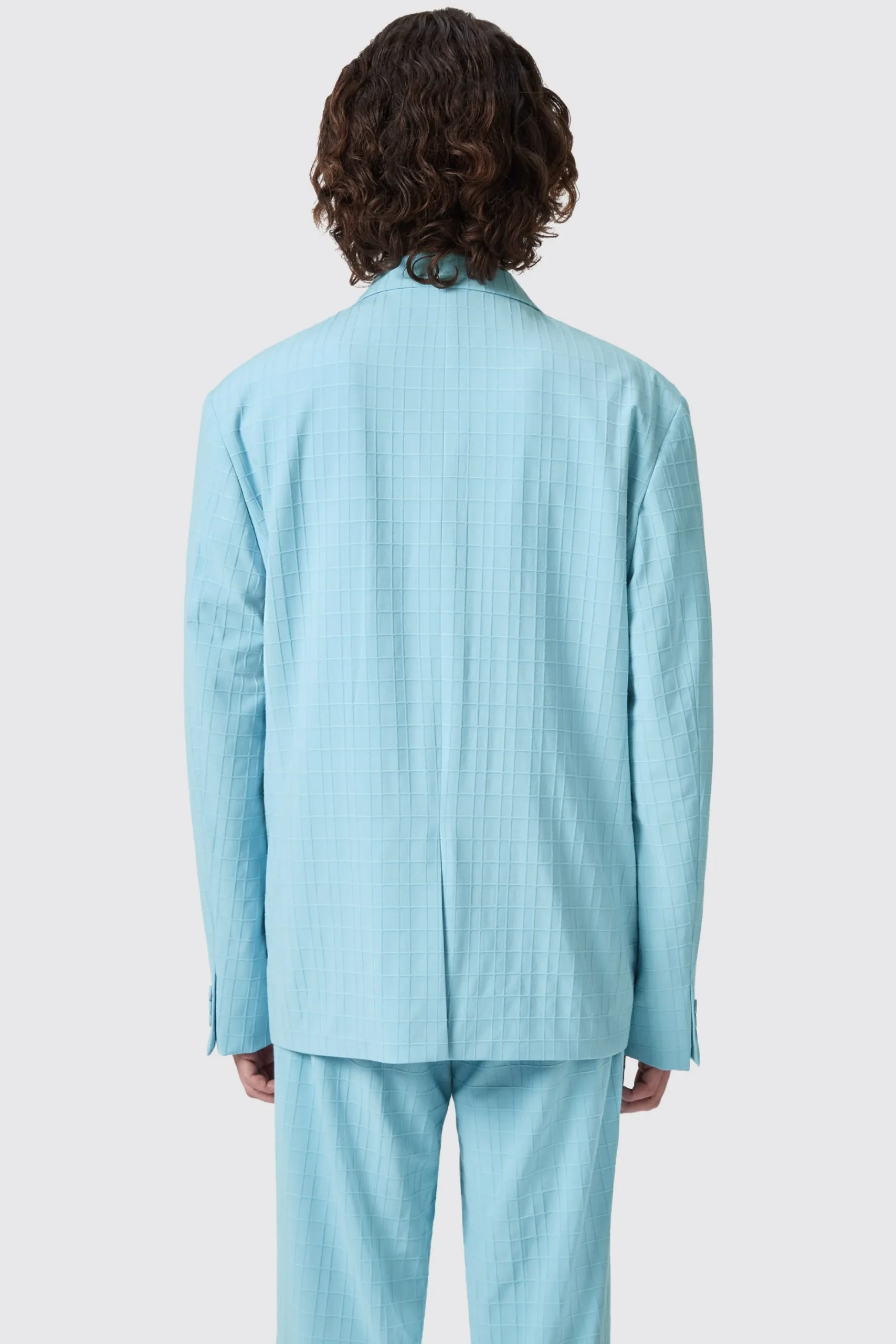 Unisex|Twisted Tailor Zidan Oversized Blue Jacquard Double Breasted Jacket